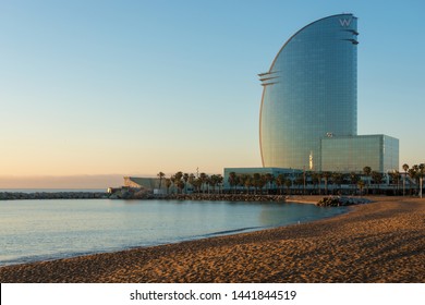 Barcelona, Spain -March 17, 2019: View Of Barceloneta Beach And W Hotel In Barcelona, Spain.