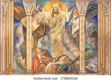BARCELONA, SPAIN - MARCH 3, 2020: The fresco of The Trensfiguration on the mount Tabor in the church Parroquia Santa Teresa de l'Infant Jesus by Francisco Labarta (20. cent.).