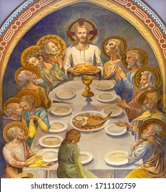 BARCELONA, SPAIN - MARCH 4, 2020: The Modern Fresco Of Last Supper In Church Iglesia Sant Angel Custodi From Unknown Artist From Year 1936.