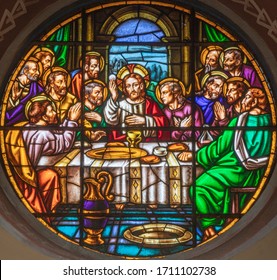 BARCELONA, SPAIN - MARCH 5, 2020: The Modern Fresco Of Last Supper In Church Iglesia Sant Angel Custodi From 20. Cet..