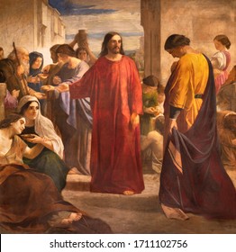 BARCELONA, SPAIN - MARCH 5, 2020: The Painting Of Jesus And The Rich Young Man In The Church Esglesia De Santa Maria De Montalegre From 20. Cent.