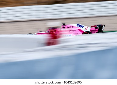 BARCELONA, SPAIN - MARCH 6, 2018: Sergio Perez During Formula One Test Days At Circuit Of Barcelona Catalunya.