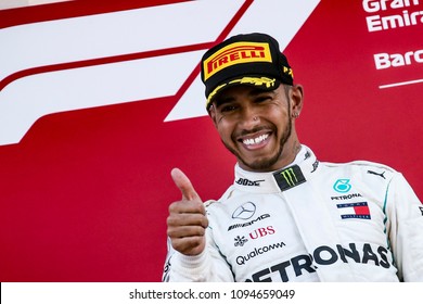 Barcelona, Spain. May 13, 2018. Grand Prix of Spain. F1 World Championship 2018. Lewis Hamilton, Mercedes, celebrating the victory on the podium.