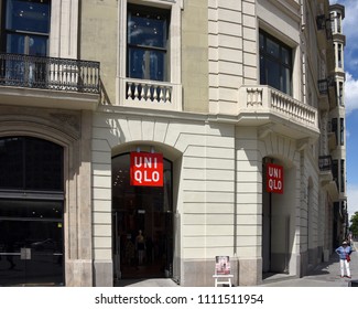 Barcelona, Spain - May 13, 2018:  Uniqlo, The Japanese Casual Wear Designer, Manufacturer And Retailer, Store On Passeig De Gràcia, A High End Shopping Area. 