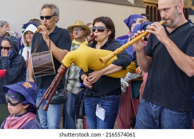 Barcelona, Spain - May 14, 2022. Musicians Playing In The Street With Traditional Instruments, Bagpipes, Dulzaina, Gralla, Flute, Drums.