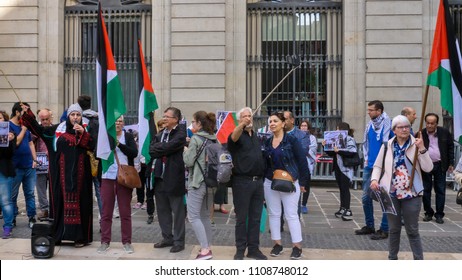 Barcelona, Spain - May 15, 2018: BDS (Boycott, Divestment and Sanctions) Movement protest by Barcelona's city hall, with sound.