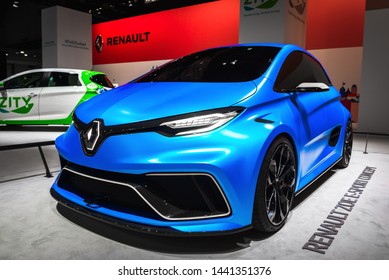 Barcelona, Spain - May 17, 2019: Renault Zoe Electric Sport Car Concept At Motor Show. Modern Streamlined Design Of Sport Car