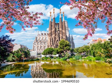 Barcelona, Spain - May 2019: Sagrada Familia cathedral in spring