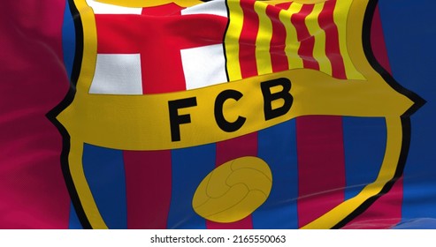 Barcelona, Spain, May 2022: Close Up Of The FC Barcelona Flag Waving . FC Barcelona Is A Spanish Professional Football Club Based In Barcelona