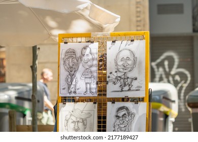 Barcelona, Spain - May 26, 2022: Animated Caricature Of Celebrities On The Rambla De Barcelona (Spain).