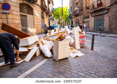 Barcelona, Spain - May 26 2022: Dump Of Old Furniture In The Gothic Quarter In Barcelona.