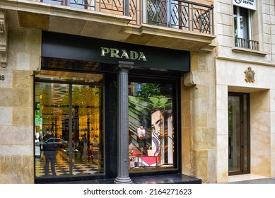 Barcelona, Spain - May 5, 2018:  Prada, The Italian Luxury Fashion House Store On Passeig De Gràcia.  