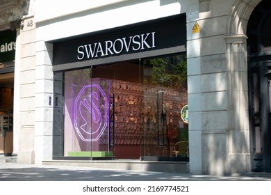 Barcelona, Spain - May 9, 2022: Swarovski store.. Swarovski is an Austrian producer of glass based in Wattens, Austria.	