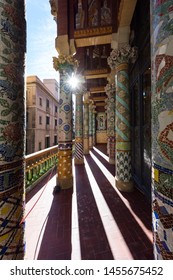 Barcelona, Spain - November 02, 2018: Colorful colums of the Palau de la Musica, Barcelona. Spain.