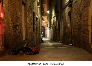 Barcelona / Spain -  November 10th 2019: Night Life In The Gothic Quarter, Barcelona, Medieval Looking Place.