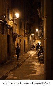 Barcelona / Spain -  November 10th 2019: Night Life In The Gothic Quarter, Barcelona, Medieval Looking Place.