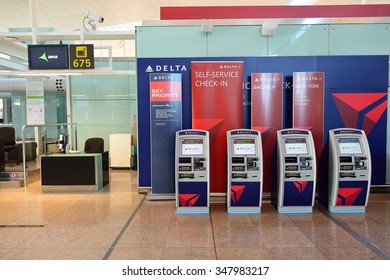 BARCELONA, SPAIN - NOVEMBER 20, 2015: check-in kiosks in Barcelona airport. Barcelona international airport is the main airport of Catalonia and one of the busiest in the world