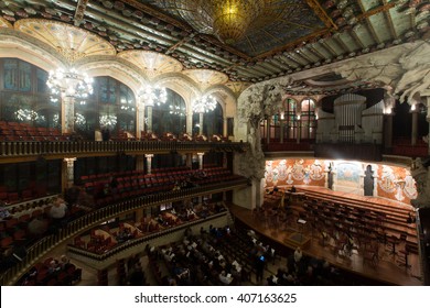 BARCELONA, SPAIN - NOVEMBER 26, 2015: Audience and orchestra at the concert Cicle Caral Orfeo Catala in music hall Palau de la Musica Catalana, Catalonia