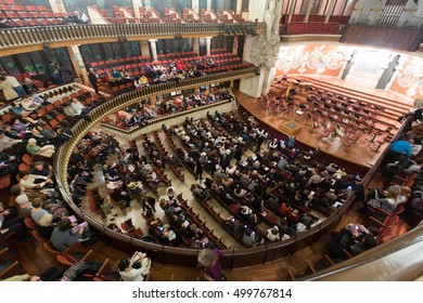 BARCELONA, SPAIN - NOVEMBER 26, 2015: Audience and orchestra at the concert Cicle Caral Orfeo Catala in music hall Palau de la Musica Catalana, Catalonia