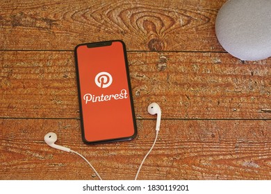 Barcelona, Spain - October 09, 2020; Pinterest App With Earpiece And Google Home. Pinterest Is A Social Media Web And Mobile Application Company. #Pinterest