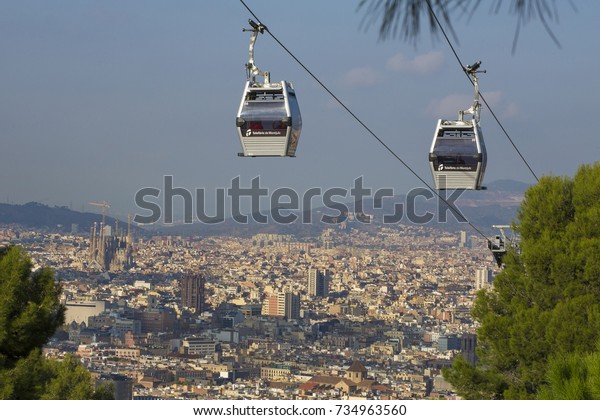 Barcelona, Spain - October 15, 2017.\
Montjuic Cable Car. It is a cable car that gives access to the\
mountain of Barcelona from Montjuic from the eastern\
slope.