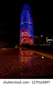 BARCELONA, SPAIN - October 15, 2018: The Torre Glòries At Night, Formerly Known As Torre Agbar, 38-story Skyscraper/tower 