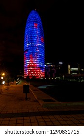 BARCELONA, SPAIN - October 15, 2018: The Torre Glòries At Night, Formerly Known As Torre Agbar, 38-story Skyscraper/tower 