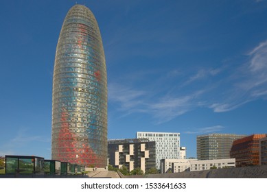 BARCELONA, SPAIN – OCTOBER 16, 2019: The Iconic Agbar Tower In Barcelona Also Known As Torre Glòries