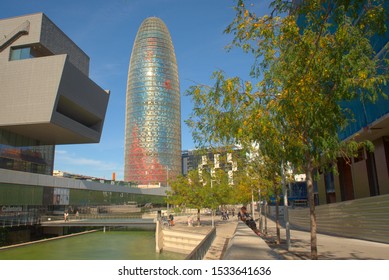 BARCELONA, SPAIN – OCTOBER 16, 2019: The Iconic Agbar Tower In Barcelona Also Known As Torre Glòries