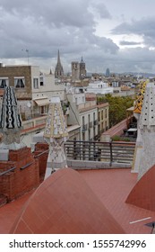 Barcelona, Spain - October 23.2019:The Mosaic Chimneys Made Of Broken Ceramic Tiles On Roof Of Palau Güell , One Of The Earlest Gaudi's Masterpieces.