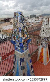 Barcelona, Spain - October 23.2019:The Mosaic Chimneys Made Of Broken Ceramic Tiles On Roof Of Palau Güell , One Of The Earlest Gaudi's Masterpieces.