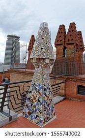 Barcelona, Spain - October 23.2019:The Mosaic Chimneys Made Of Broken Ceramic Tiles On Roof Of Palau Güell , One Of The Earlest Gaudi's Masterpieces.