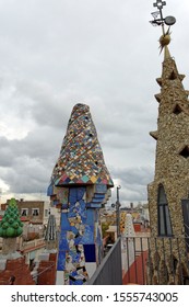 Barcelona, Spain - October 23.2019:The Mosaic Chimneys Made Of Broken Ceramic Tiles On Roof Of Palau Güell , One Of The Earlest Gaudi's Masterpieces.