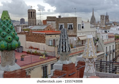 Barcelona, Spain - October 23.2019:The Mosaic Chimneys Made Of Broken Ceramic Tiles On Roof Of Palau Güell , One Of The Earlest Gaudi's Masterpieces.