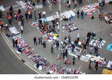 Barcelona, Spain - October 26, 2015: Immigrants Sell Counterfeit Goods, Fake Products In The Streets Of Barcelona, Catalonia, Spain.