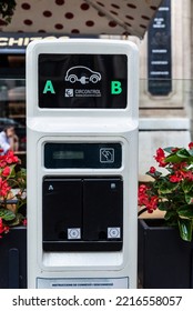 Barcelona, Spain - October 3, 2022: Battery Charging Station For Cars In Diagonal Avenue, A Shopping Street Of Barcelona, Catalonia, Spain 