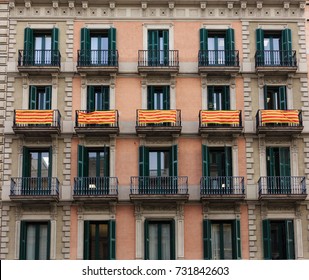 BARCELONA, SPAIN - October 4, 2017: Flags and banners were hung from many windows, balconies and buildings in Barcelona in support of the Catalan Referendum supporting an independent republic.