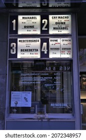 BARCELONA, SPAIN - OCTOBER 7, 2021: Movie Theater Ticket Booth With Current Movie Titles In Downtown Barcelona City, Spain.