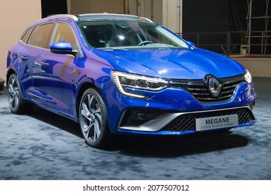 Barcelona, Spain - October 7, 2021: Renault Megane Sport Tourer RS Line E-Tech Hybrid Showcased At Automobile Barcelona 2021 In Barcelona, Spain.