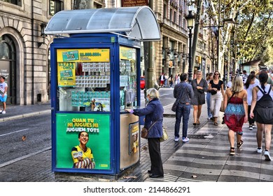 BARCELONA, SPAIN - OCTOBER 7, 2021: ONCE lottery booth in downtown Barcelona city, Spain. ONCE foundation is the National Organization of Spanish Blind People.