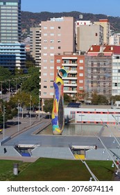 BARCELONA, SPAIN - OCTOBER 8, 2021: Barcelona cityscape with Parc de Joan Miro. It features famous public space sculpture Dona i Ocell by artist Joan Miro, installed in 1983.