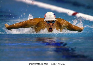 BARCELONA, SPAIN- SEPTEMBER 07, 1999: award Olympic golden medals winner Michael Phelps of US swimming during the World Championship, in Barcelona.                       