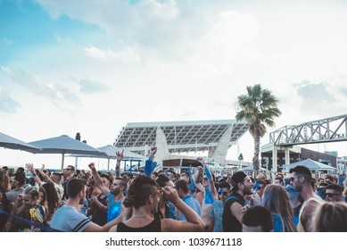 BARCELONA, SPAIN - SEPTEMBER 11, 2017: Festival Happy Techno At Café Del Mar Of Barcelona