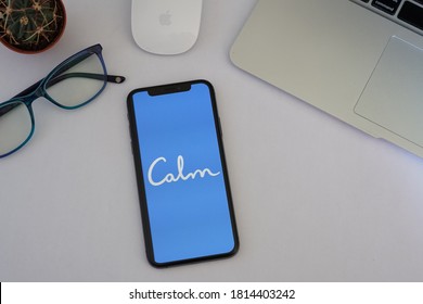 Barcelona, Spain - September 14, 2020; Calm Iphone Screen On A White Background. Calm Is An App For Sleep, Meditation And Relaxation. #Calm