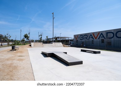 BARCELONA, SPAIN - September 19, 2021: View Of A Small Skate Park In The City. Sunny Day, No People