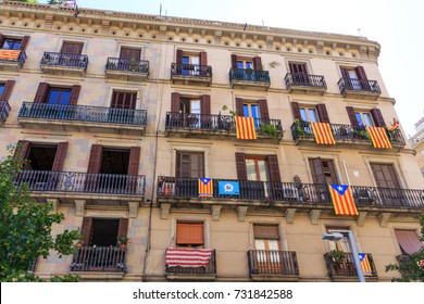 BARCELONA, SPAIN - September 20, 2017: Flags and banners were hung from many windows, balconies and buildings in Barcelona in support of the Catalan Referendum supporting an independent republic.