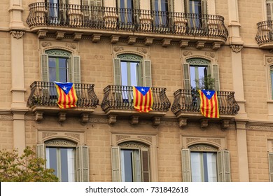 BARCELONA, SPAIN - September 21, 2017: Flags and banners were hung from many windows, balconies and buildings in Barcelona in support of the Catalan Referendum supporting an independent republic.