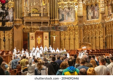 Barcelona, Spain - September 21, 2021: View of singing children in the  Holy Mass in the Basilica of Montserrat