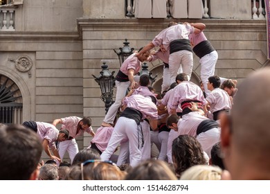 Barcelona, Spain - September 23 2017: Human Towers For The Festival De La Mercè, Closeup, Detail Of The Tower