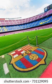 BARCELONA, SPAIN - SEPTEMBER 24, 2017: Camp Nou Empty Soccer Stadium Of Barcelona F.C., The World Famous Team Of All Times. Nobody Sitting In The Chairs Of The Stadium Of Culè Team, Barcelona, Spain.